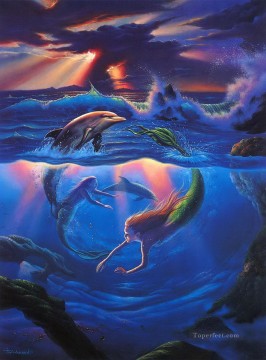 mermaid Painting - JW mermaids and dolphins ocean